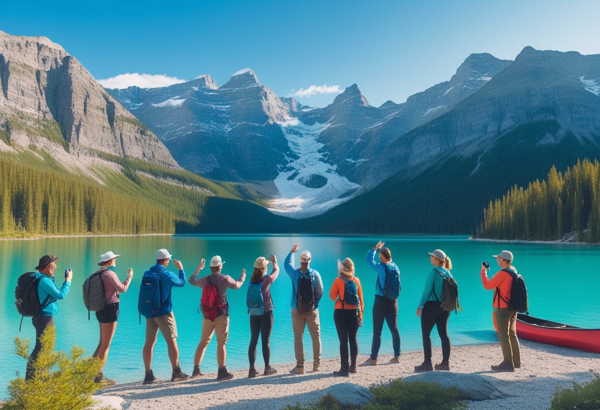 Un groupe de voyageurs souriants admire un lac turquoise entouré de forêts et de montagnes enneigées au Canada.