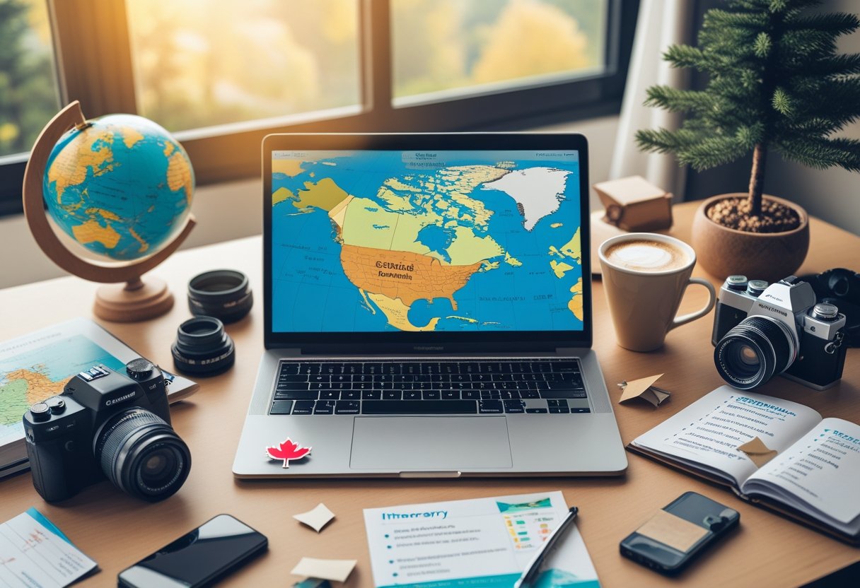 Un bureau avec un ordinateur portable affichant une carte du Canada, un guide de voyage canadien, un globe terrestre, un appareil photo et une tasse de café, avec une petite plante et un drapeau canadien en arrière-plan.