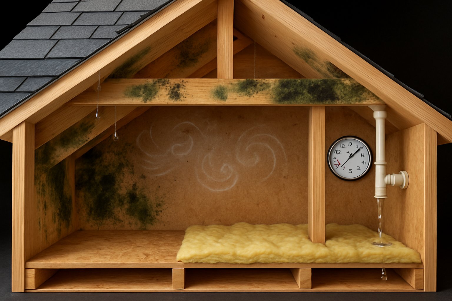 Cross-section of a house attic showing mold growth on wooden beams and insulation with visible causes like roof leaks, poor ventilation, high humidity, inadequate insulation, and plumbing leaks.