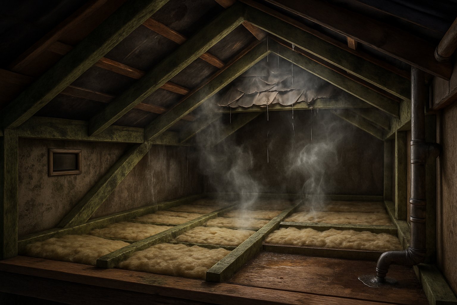 Cross-section of a house attic showing mold growth on beams and insulation with visual indicators of poor ventilation, roof leaks, high humidity, insufficient insulation, and plumbing leaks.