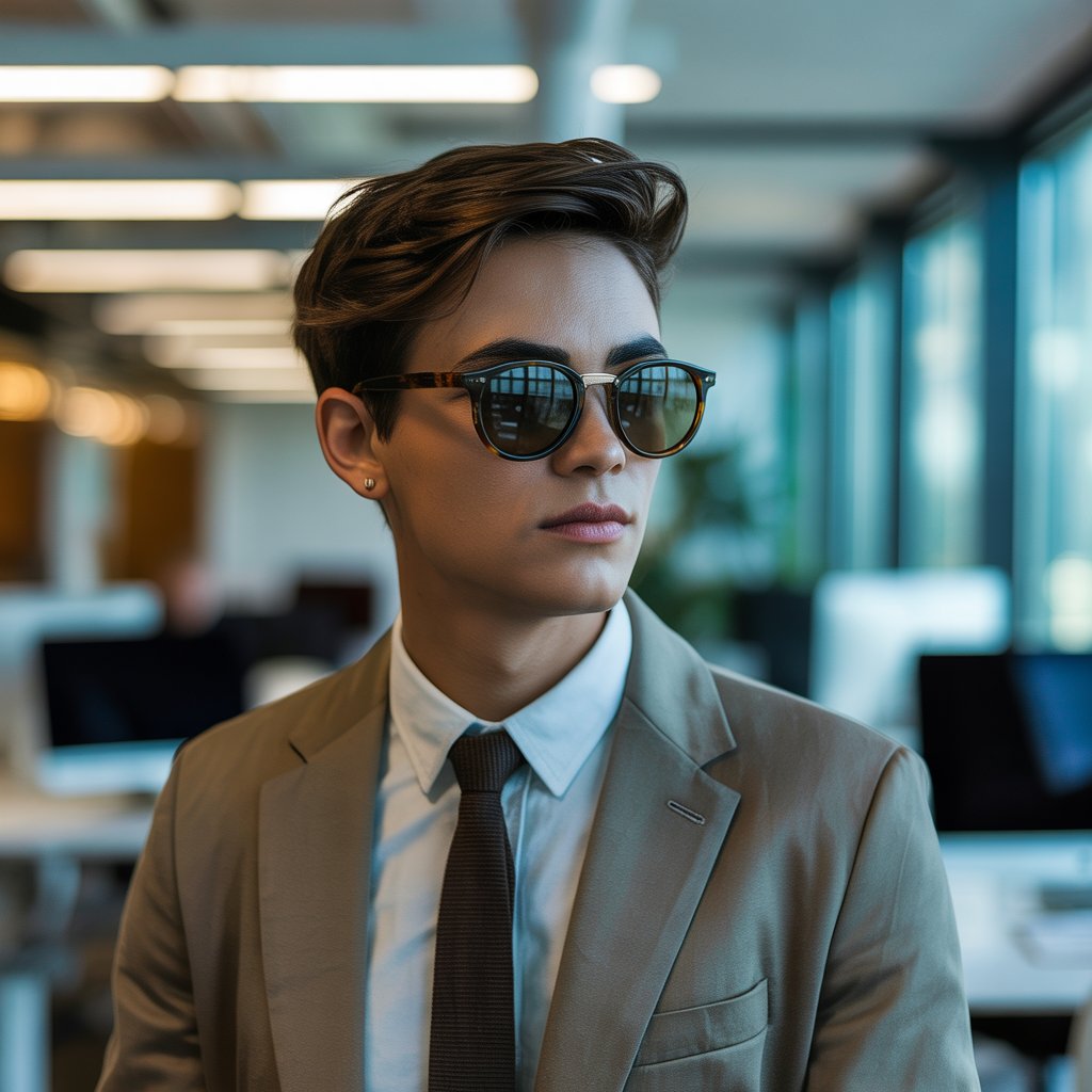 A young adult wearing sunglasses indoors in an office, looking thoughtful and reserved.