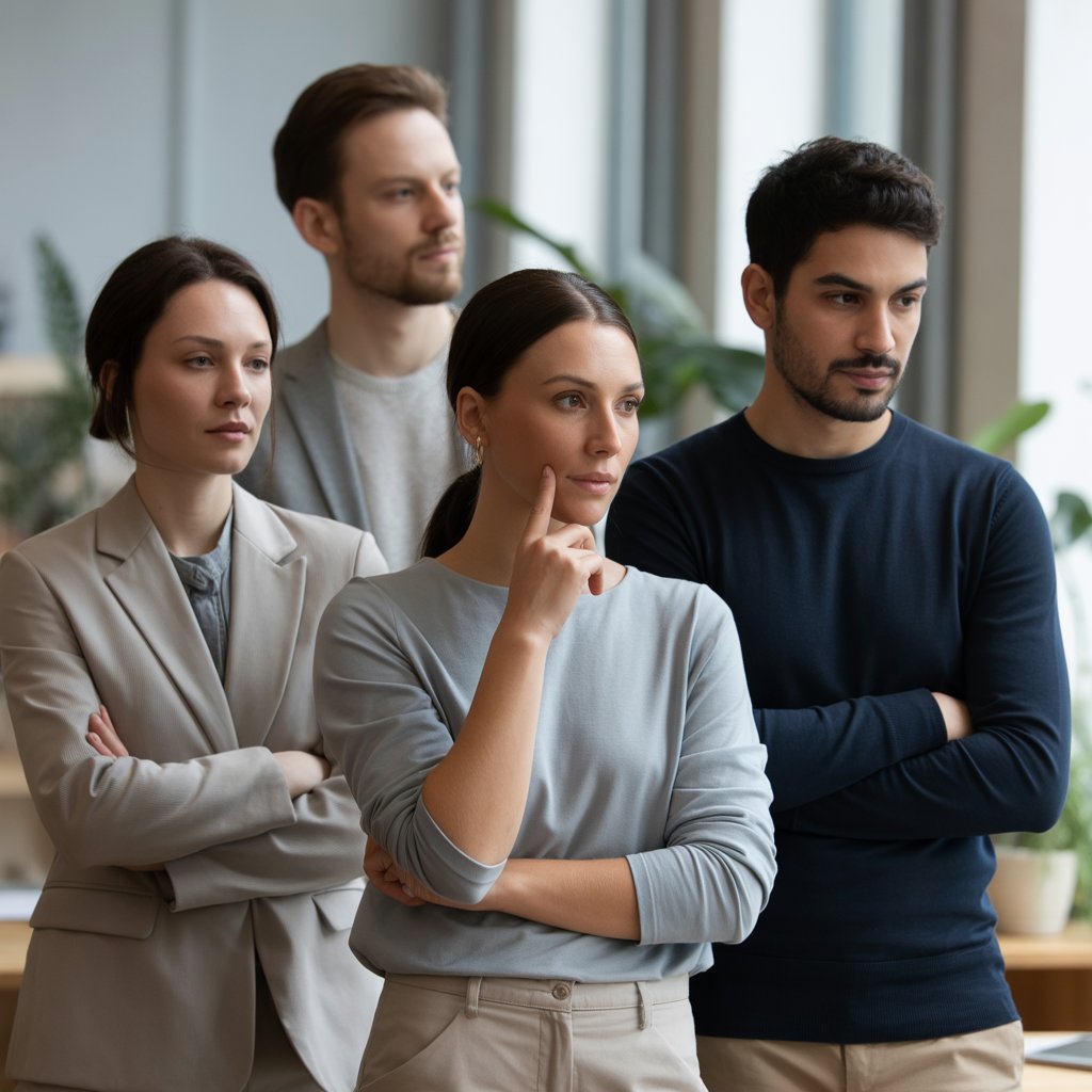 Four adults in neutral clothing sitting thoughtfully in a modern office with natural light and plants.