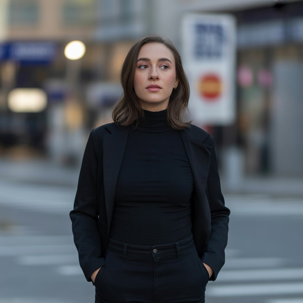 A young woman dressed in black standing alone in a softly lit city setting, looking thoughtful and reserved.