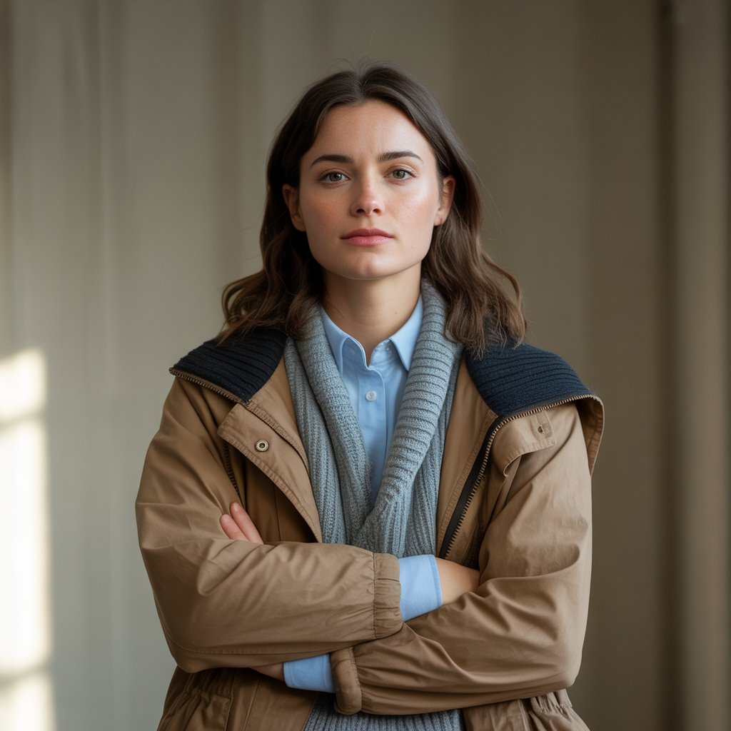 A young adult woman wearing multiple layers of clothing with a thoughtful expression, standing against a plain background.