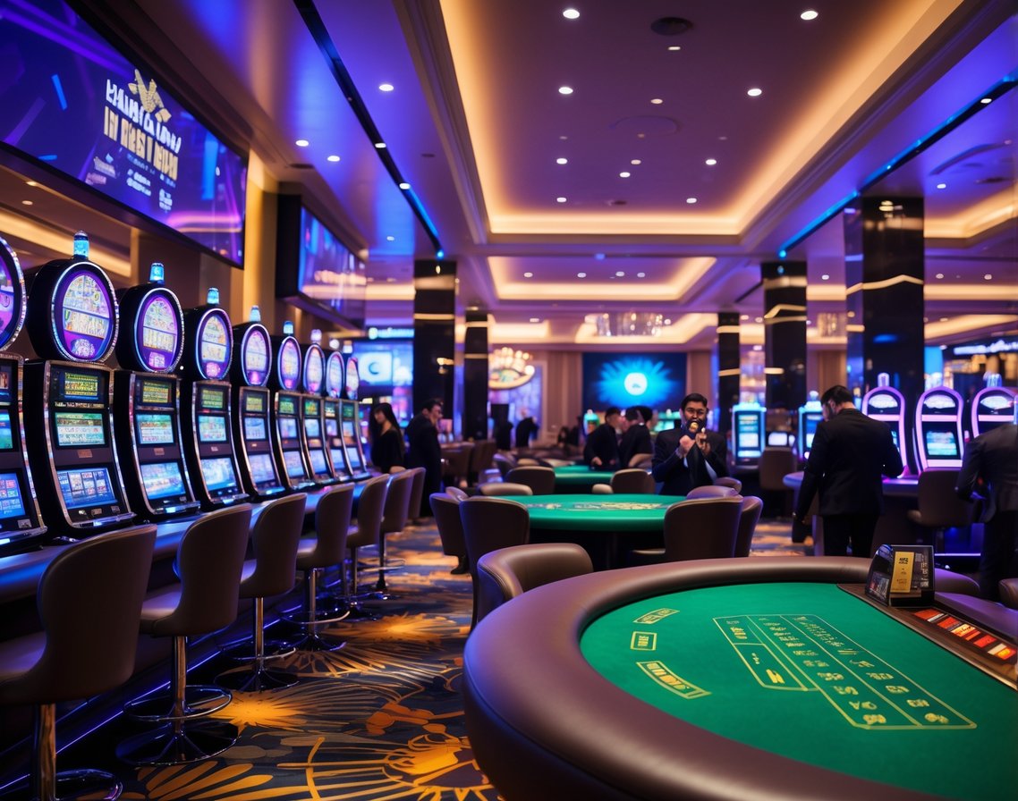 Modern ve canlı bir casino iç mekanı, oyuncular slot makineleri ve oyun masalarında eğleniyor.