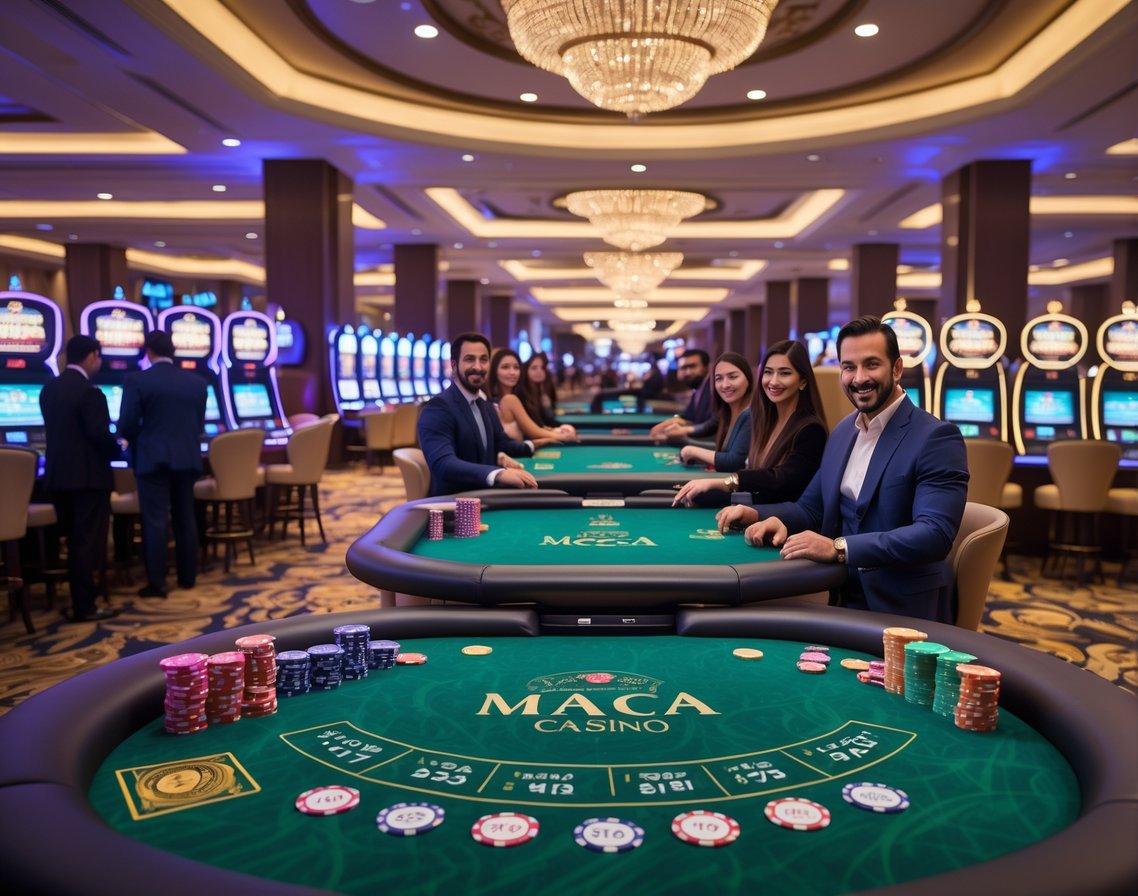 Modern ve lüks bir casinoda oyun masaları, slot makineleri ve oyun oynayan insanlar.
