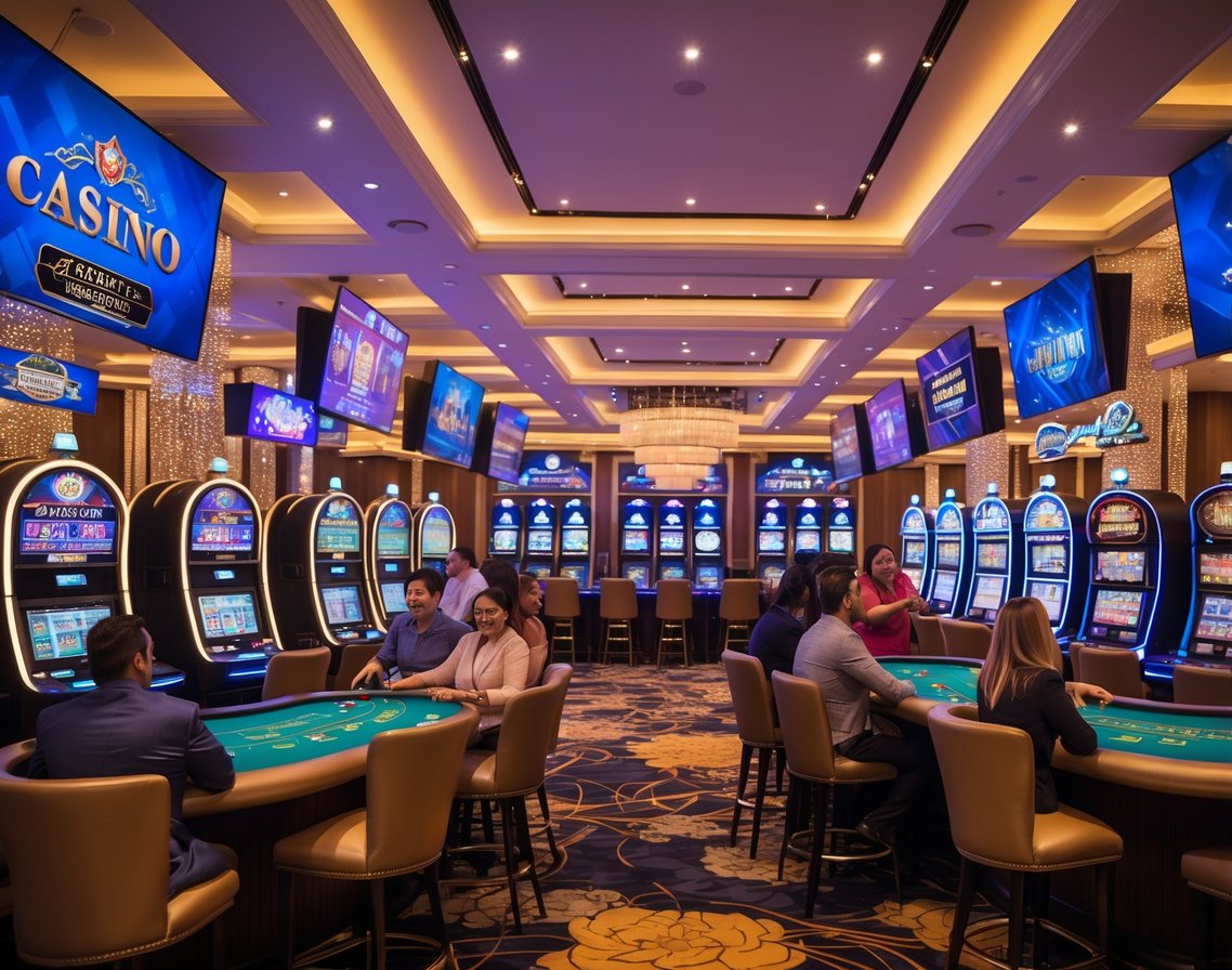 Çeşitli casino oyunlarının sunulduğu modern ve canlı bir casino ortamında, farklı oyun masalarında ve slot makinelerinde oynayan çeşitli insanları gösteren bir sahne.