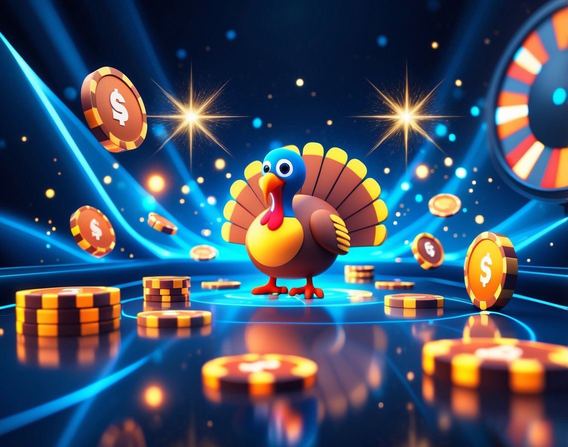 Modern ve şık bir online casino ortamı, dijital oyun öğeleri ve promosyon simgeleriyle birlikte gösteriliyor.