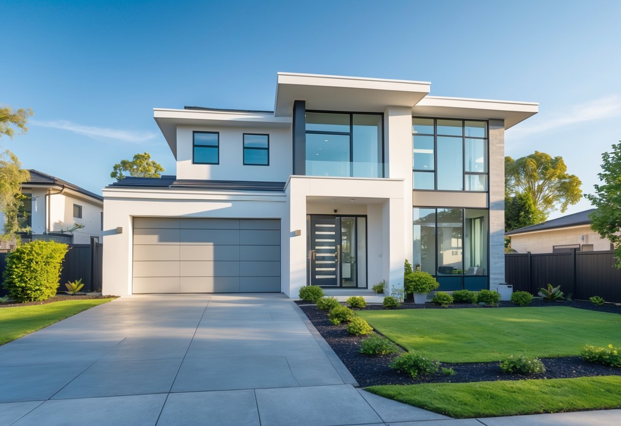 A modern two-story house with large windows, a white and gray exterior, and a well-kept front yard under a clear blue sky.