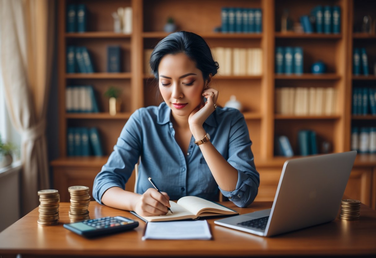 A person at a wooden desk in a home office, surrounded by a notebook, laptop, coins, and gemstones, appearing focused and thoughtful.