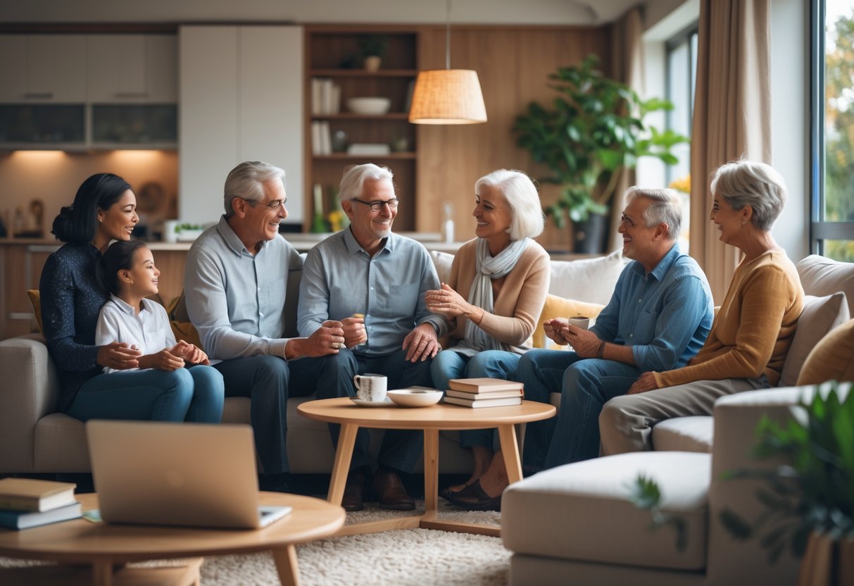 A multigenerational family spending time together in a cozy living room, talking and sharing activities.