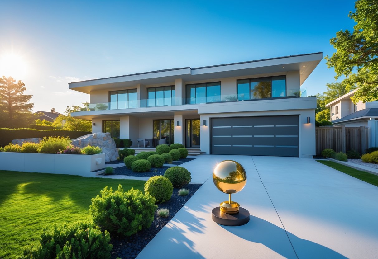 A modern second house with large windows and a garden, featuring a small metallic sculpture representing Mercury near the entrance.