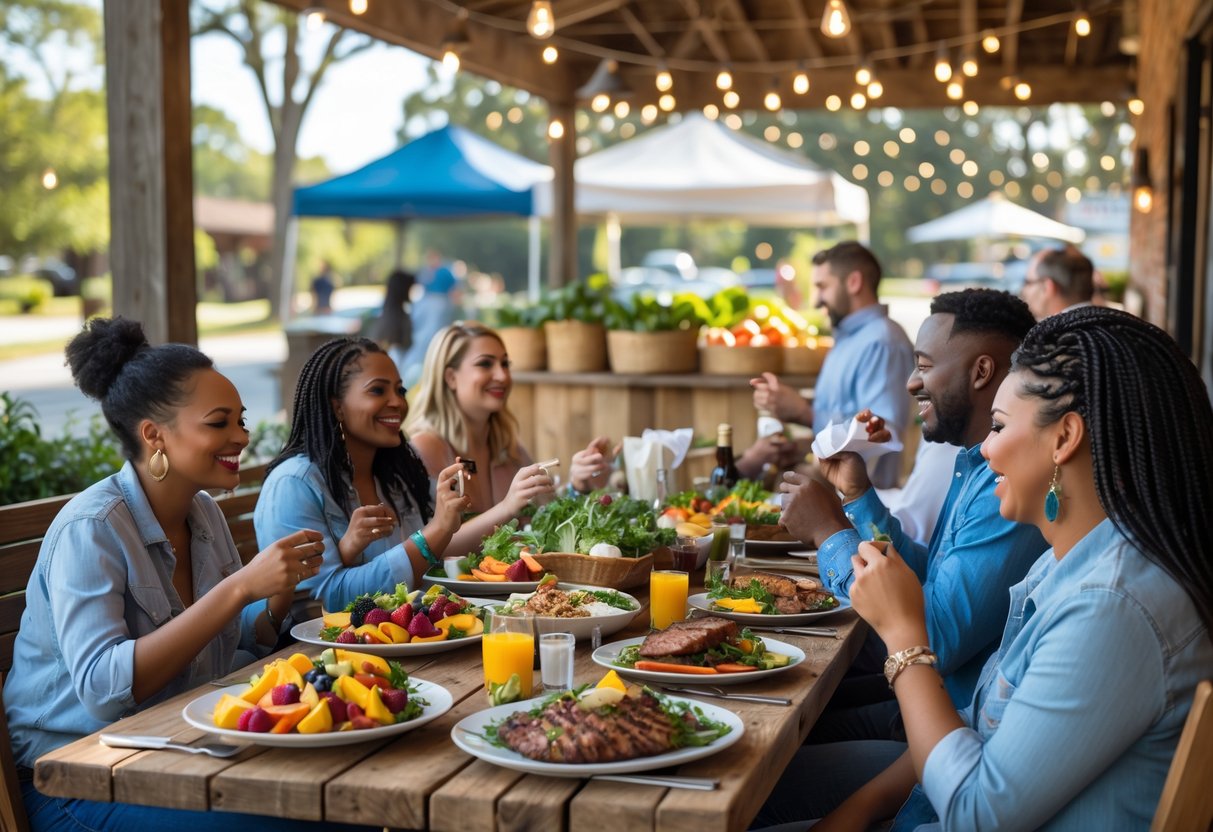 People enjoying a variety of Southern dishes at an outdoor wooden table surrounded by greenery and market stalls in Dothan, Alabama.