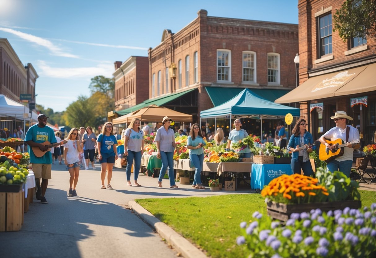 People enjoying a sunny day at a farmers market and park in a small town with historic buildings and seasonal decorations.