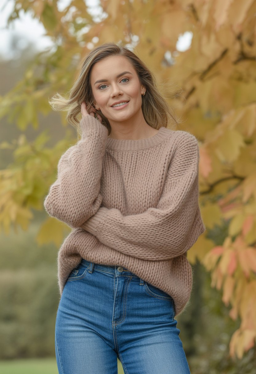 A woman standing outdoors wearing a chunky knit sweater and high-waisted jeans with fall leaves in the background.