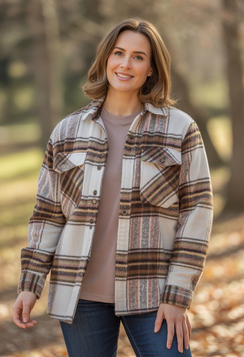 A woman wearing a plaid flannel shirt layered over a long-sleeve tee standing outdoors with trees in the background.