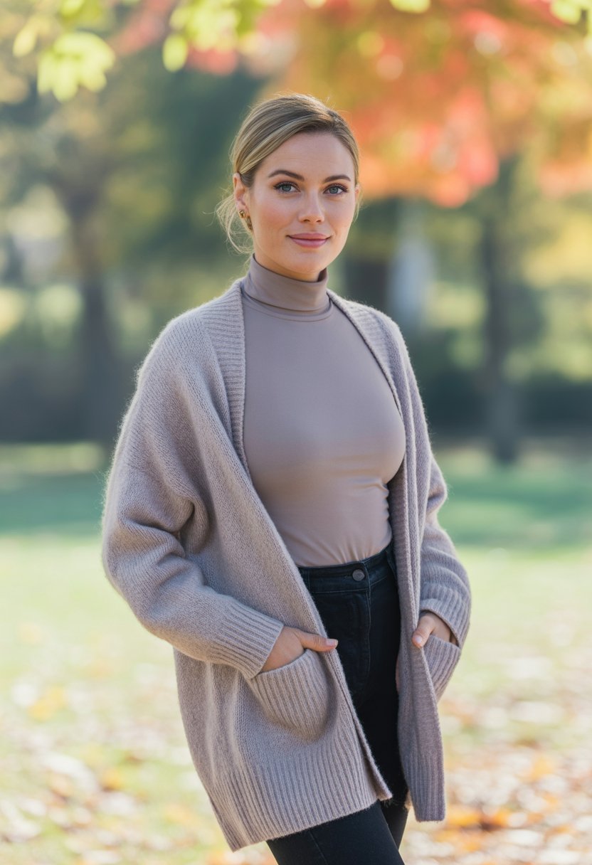 A woman standing outdoors wearing an oversized cardigan over a fitted turtleneck on a fall day surrounded by autumn leaves.