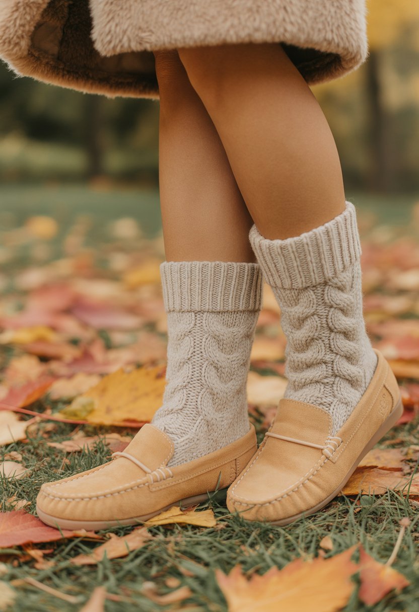 Close-up of a woman's feet wearing cable-knit socks and suede moccasins standing on fallen autumn leaves.
