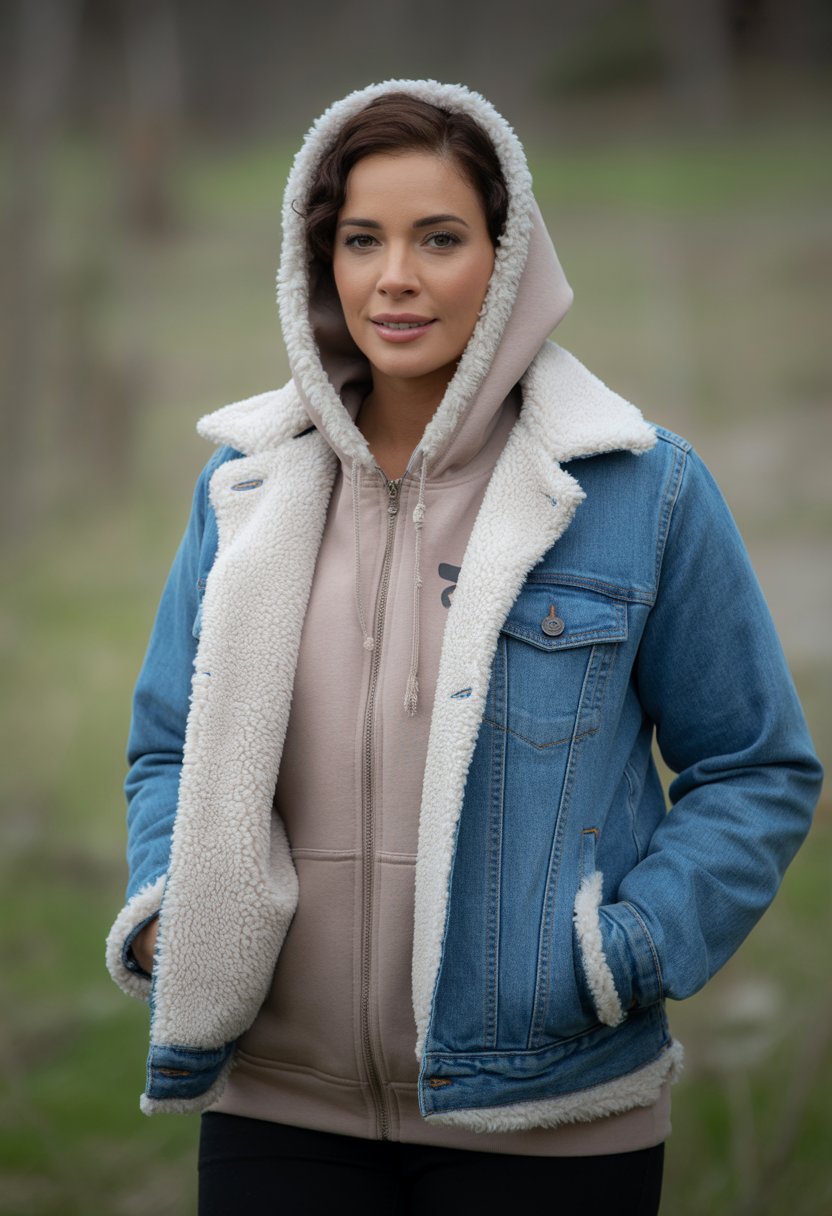 A woman wearing a sherpa-lined denim jacket over a hoodie standing outdoors in cold weather.
