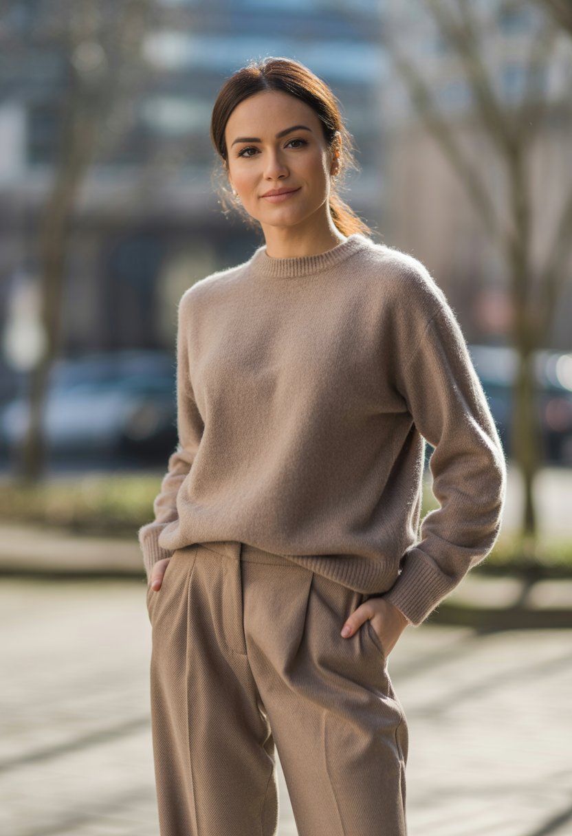 A woman wearing a cashmere sweater and tailored trousers stands outdoors in a city setting during cold weather.