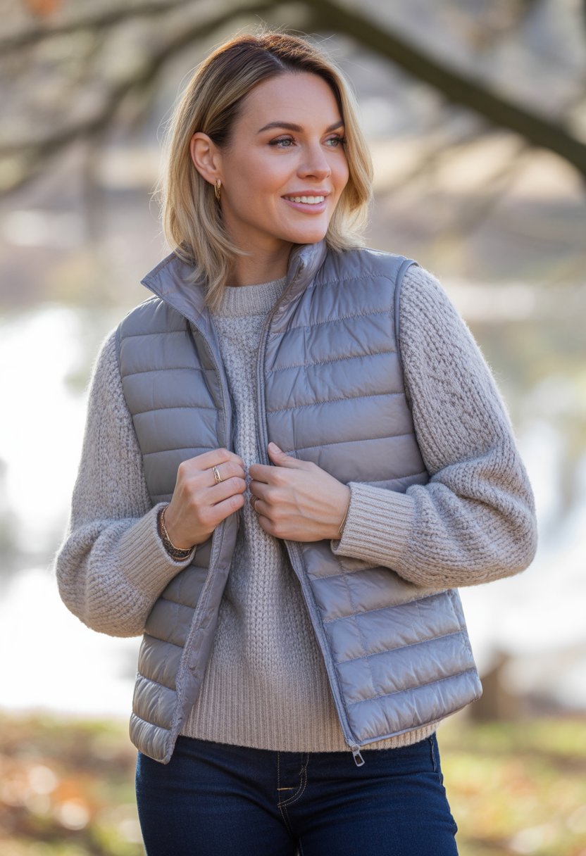 A woman wearing a quilted vest over a knit sweater standing outdoors in a cold weather setting.