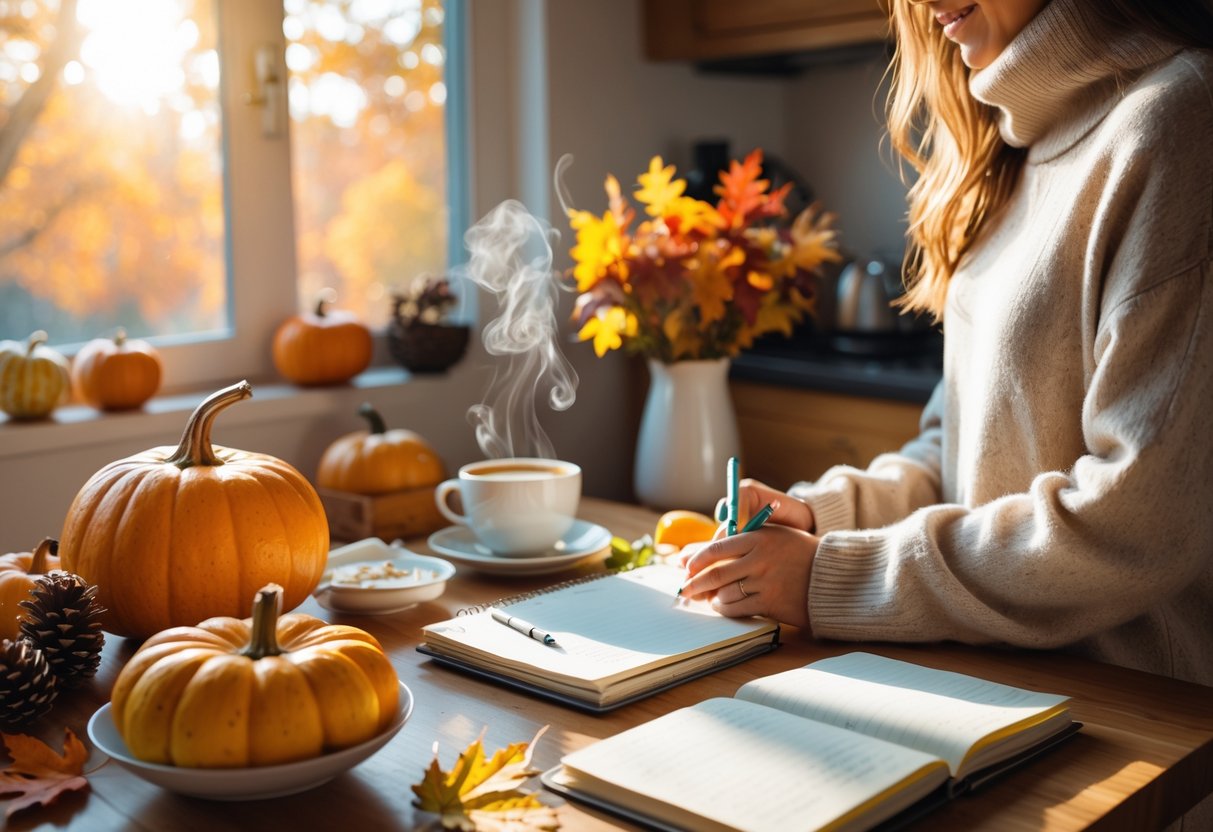 A person in a cozy sweater preparing breakfast at a wooden table with fall decorations and sunlight coming through a window.