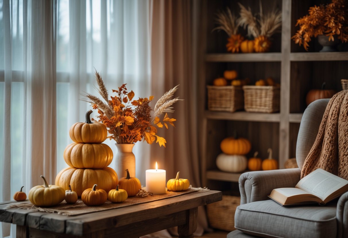 A cozy autumn living room with pumpkins, dried flowers, a lit candle, a knitted blanket on an armchair, and neatly organized shelves.