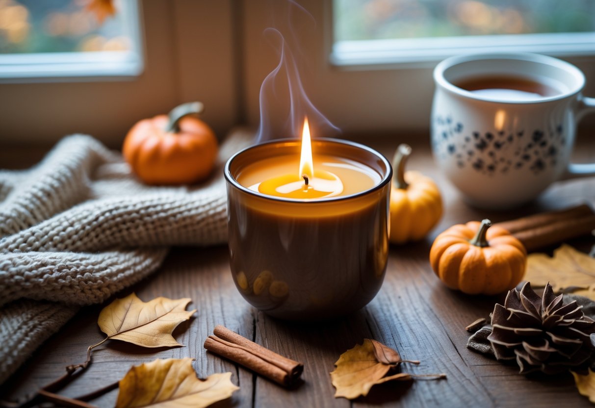 A lit soy wax candle on a wooden table surrounded by fall decorations like dried leaves, cinnamon sticks, a small pumpkin, a knitted blanket, and a mug of tea in a softly lit room.