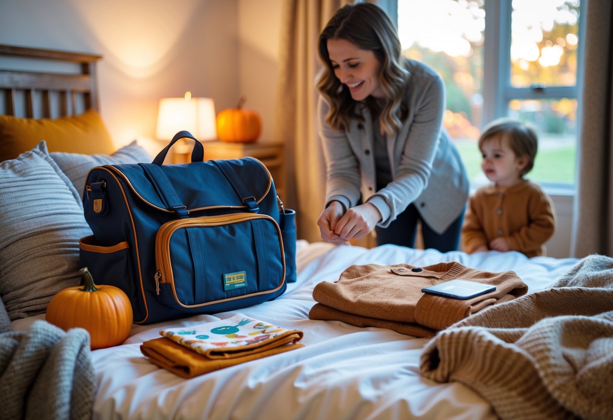 A parent and child preparing a school bag and outfit on a bed in a cozy bedroom with fall decorations.
