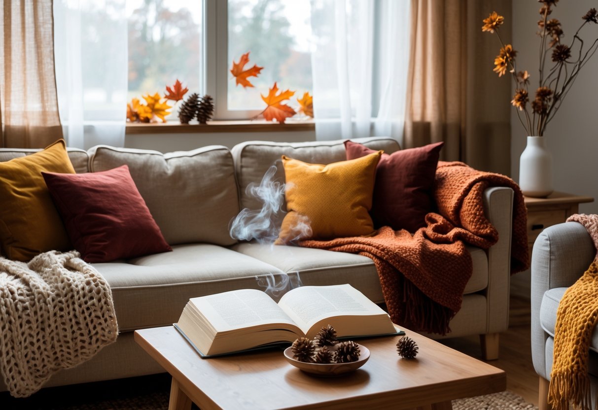 A cozy living room with warm natural light, earth-toned blankets and cushions, a wooden coffee table with tea and pinecones, and dried flowers on a windowsill.