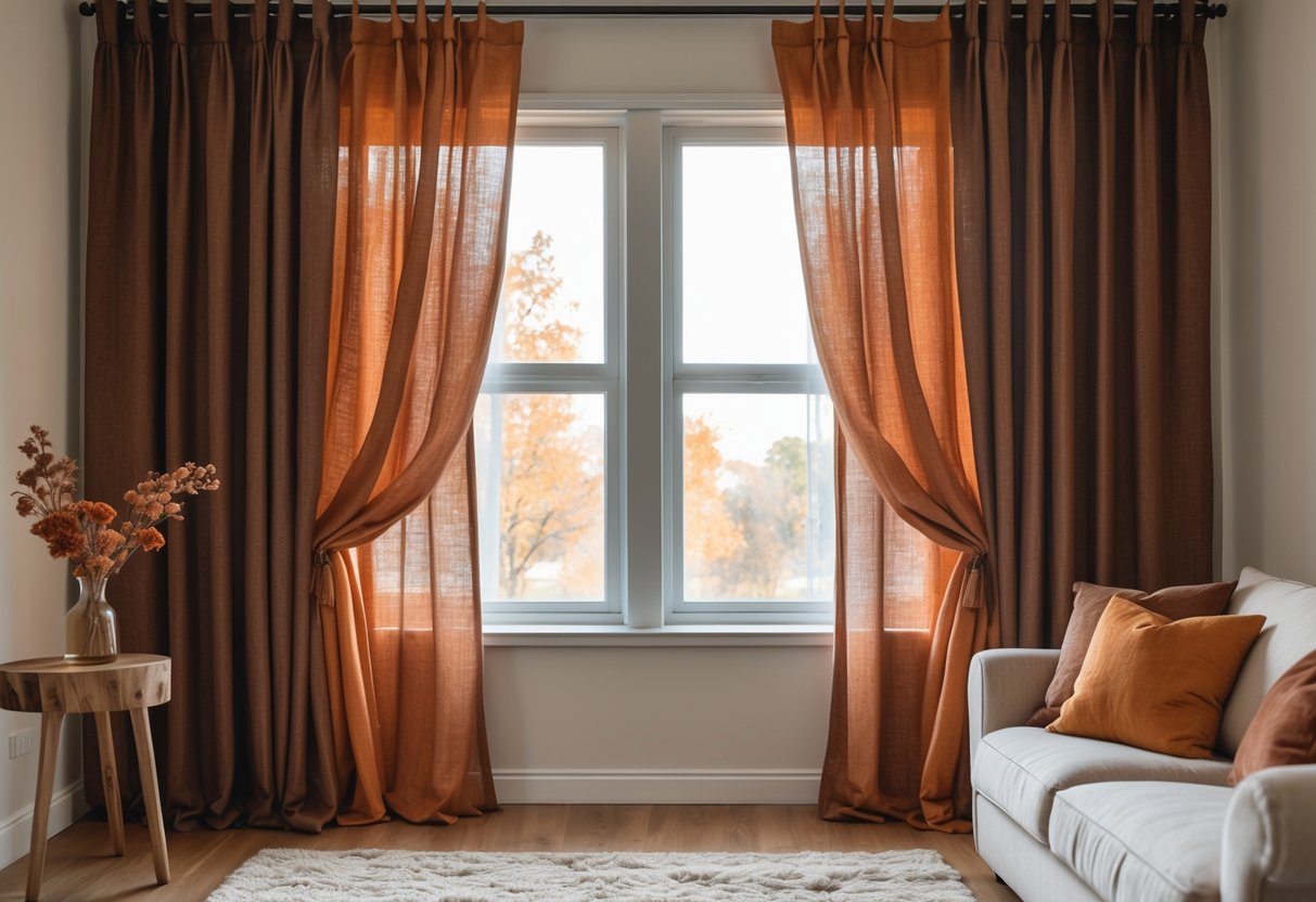 A living room with burnt orange and deep brown linen curtains, a beige sofa, and a wooden side table with dried flowers near a window.