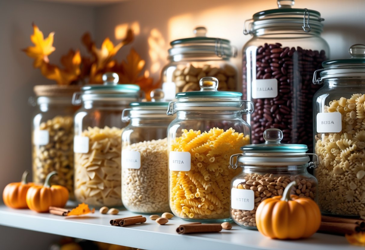 An organized pantry shelf with clear glass jars filled with dry food staples and autumn decorations around them.