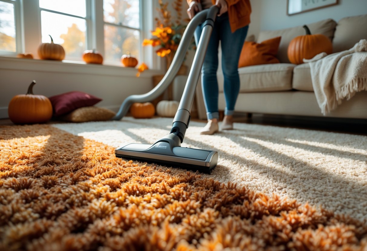 Person vacuuming a colorful carpet in a bright living room decorated with autumn-themed items.