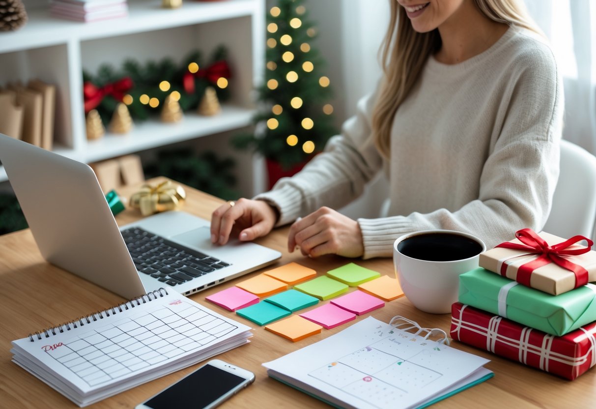 Person sitting at a desk with a laptop, calendar planner, sticky notes, coffee, and wrapped holiday gifts in a tidy, decorated room.