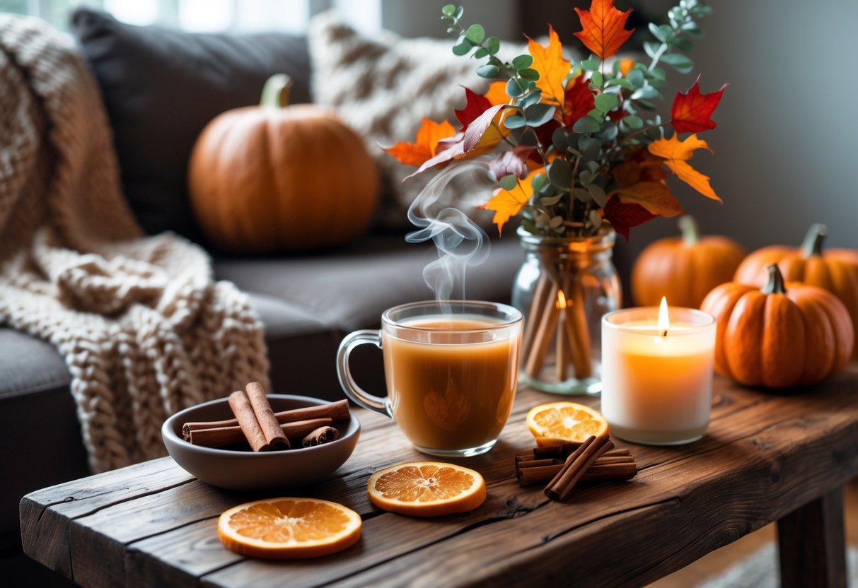 A cozy living room table with spiced apple cider, cinnamon sticks, dried orange slices, eucalyptus and autumn leaves, a lit candle, and pumpkins creating a warm fall atmosphere.
