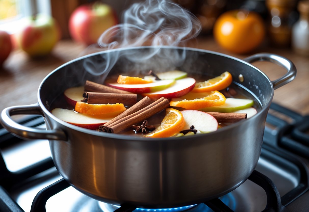 A pot simmering on a stove with sliced apples, cinnamon sticks, cloves, and orange peels releasing steam.
