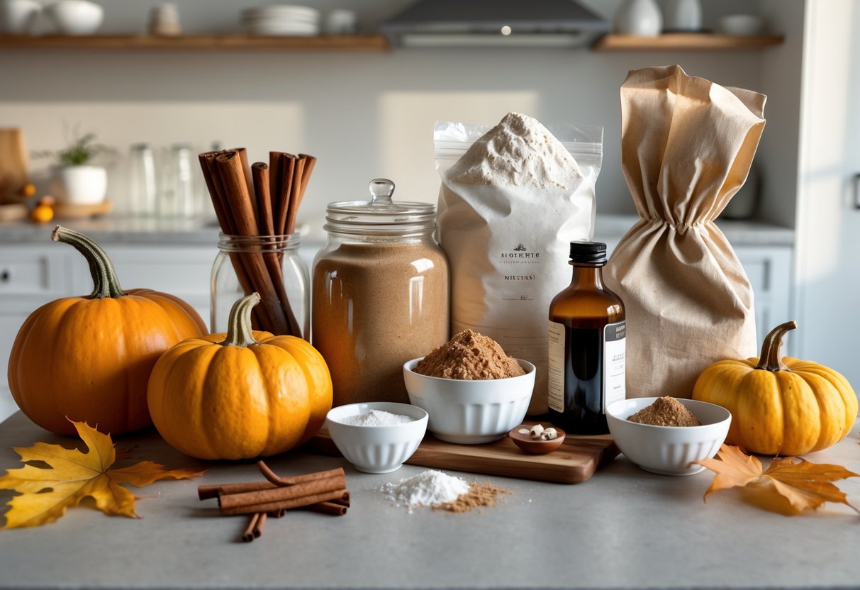 A kitchen countertop with seven fall baking ingredients including pumpkins, cinnamon sticks, brown sugar, flour, eggs, vanilla extract, and nutmeg arranged neatly with autumn leaves nearby.