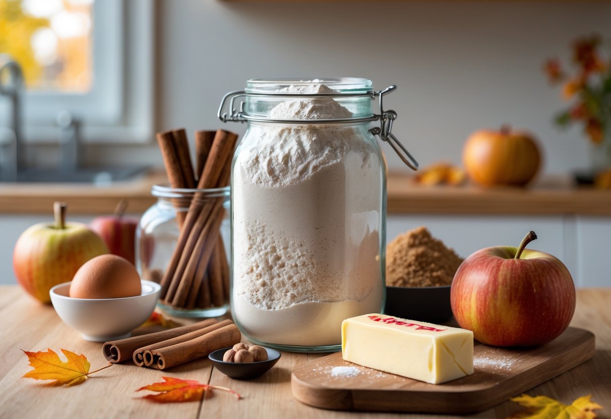 A kitchen countertop with a jar of all-purpose flour surrounded by cinnamon sticks, nutmeg, brown sugar, eggs, butter, and apples, with autumn decorations in the background.