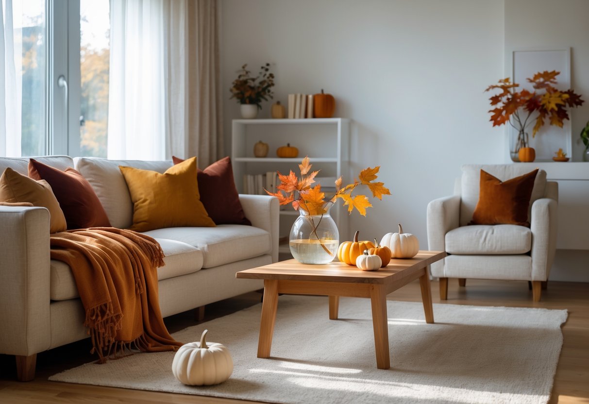 A cozy living room with warm-toned throw blankets and cushions, autumn leaves in a vase, small pumpkins on a coffee table, and natural light coming through sheer curtains.