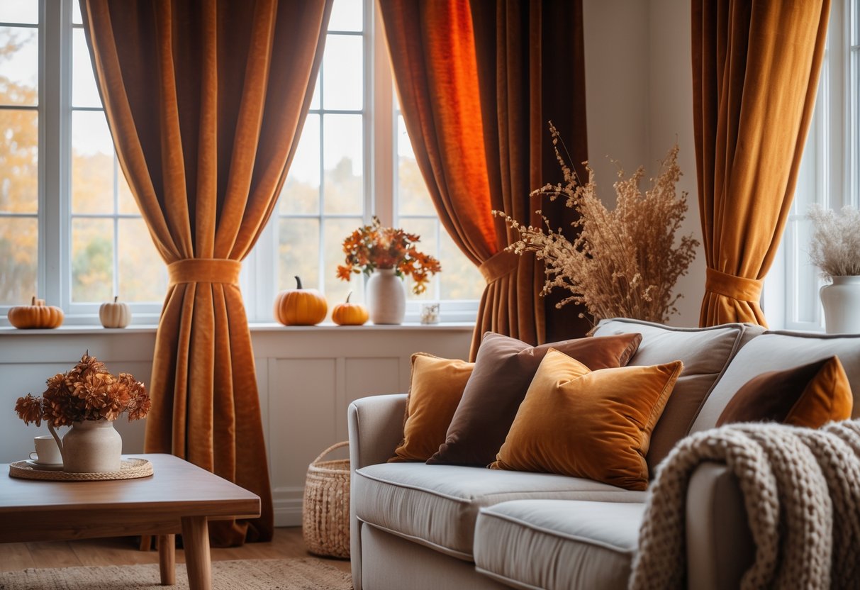 Living room with warm, textured curtains and cozy fall decor including cushions, a knitted throw, and dried flowers on a coffee table.