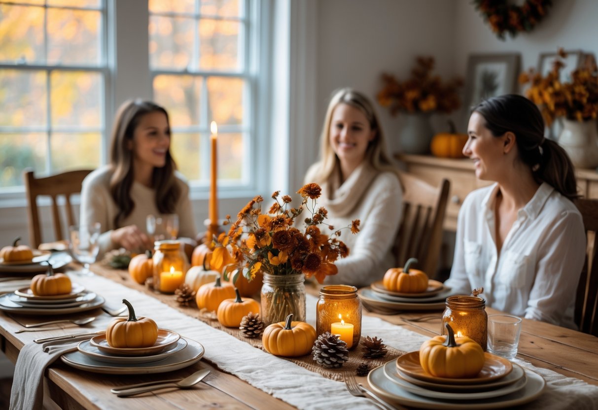 A cozy fall gathering with a wooden table set with autumn decorations and guests enjoying a relaxed conversation in a tidy room.