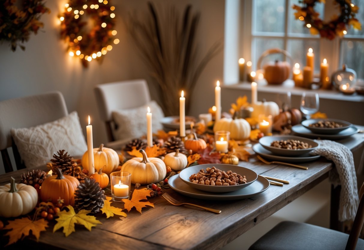 A cozy fall gathering setup with warm string lights, candles, a rustic wooden table decorated with pumpkins, fall leaves, and seasonal treats in a softly lit room.