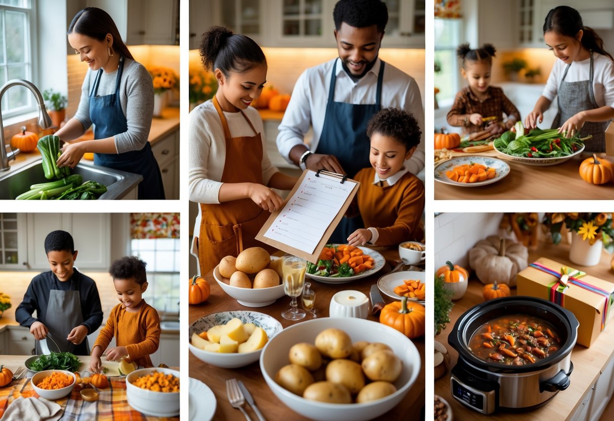 A family in a kitchen preparing for Thanksgiving with tasks like washing vegetables, making a grocery list, setting the table, peeling potatoes, wrapping gifts, and cooking on the stove.
