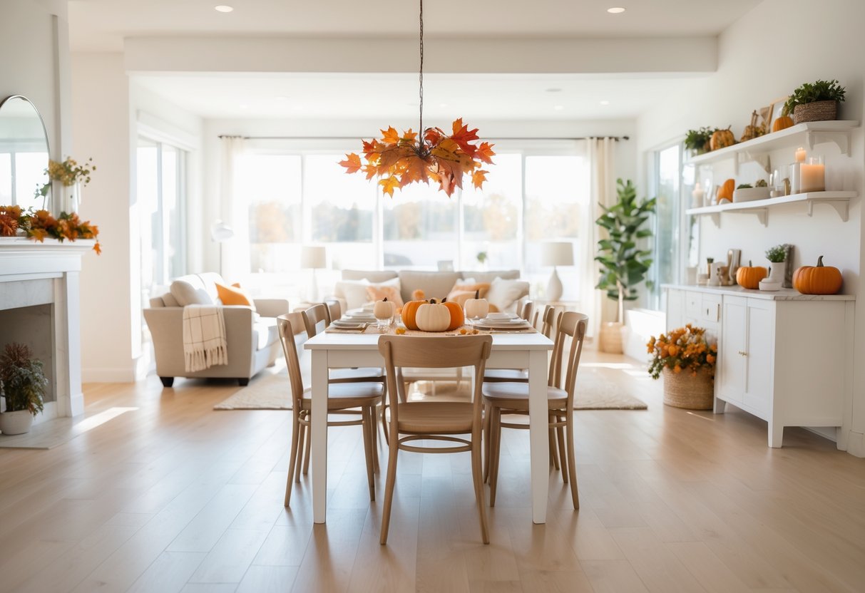 A clean and organized dining and living room with a set dining table, tidy sofa, and autumn-themed decorations.