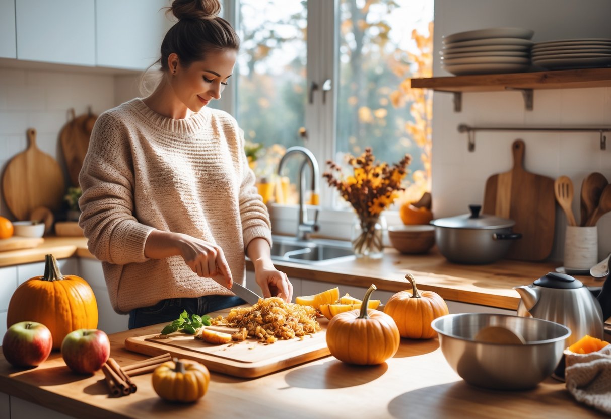 A person preparing a meal in a bright kitchen with fall ingredients like pumpkins and apples on the countertop.