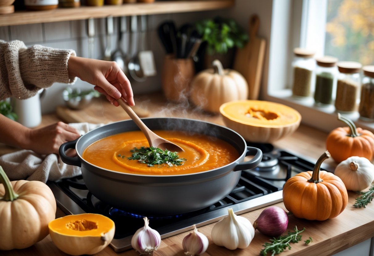 A kitchen with a pot of pumpkin soup cooking on the stove, surrounded by fresh pumpkins and vegetables on the counter.