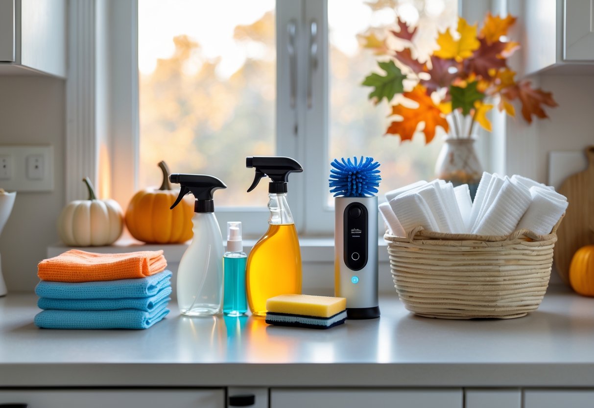 A clean kitchen countertop with eco-friendly cleaning supplies and autumn decorations like small pumpkins and colorful leaves.