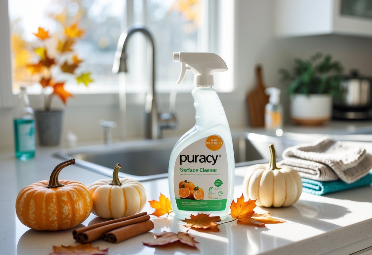 A kitchen countertop with a bottle of Puracy Surface Cleaner surrounded by autumn decorations and eco-friendly cleaning tools near a clean sink.
