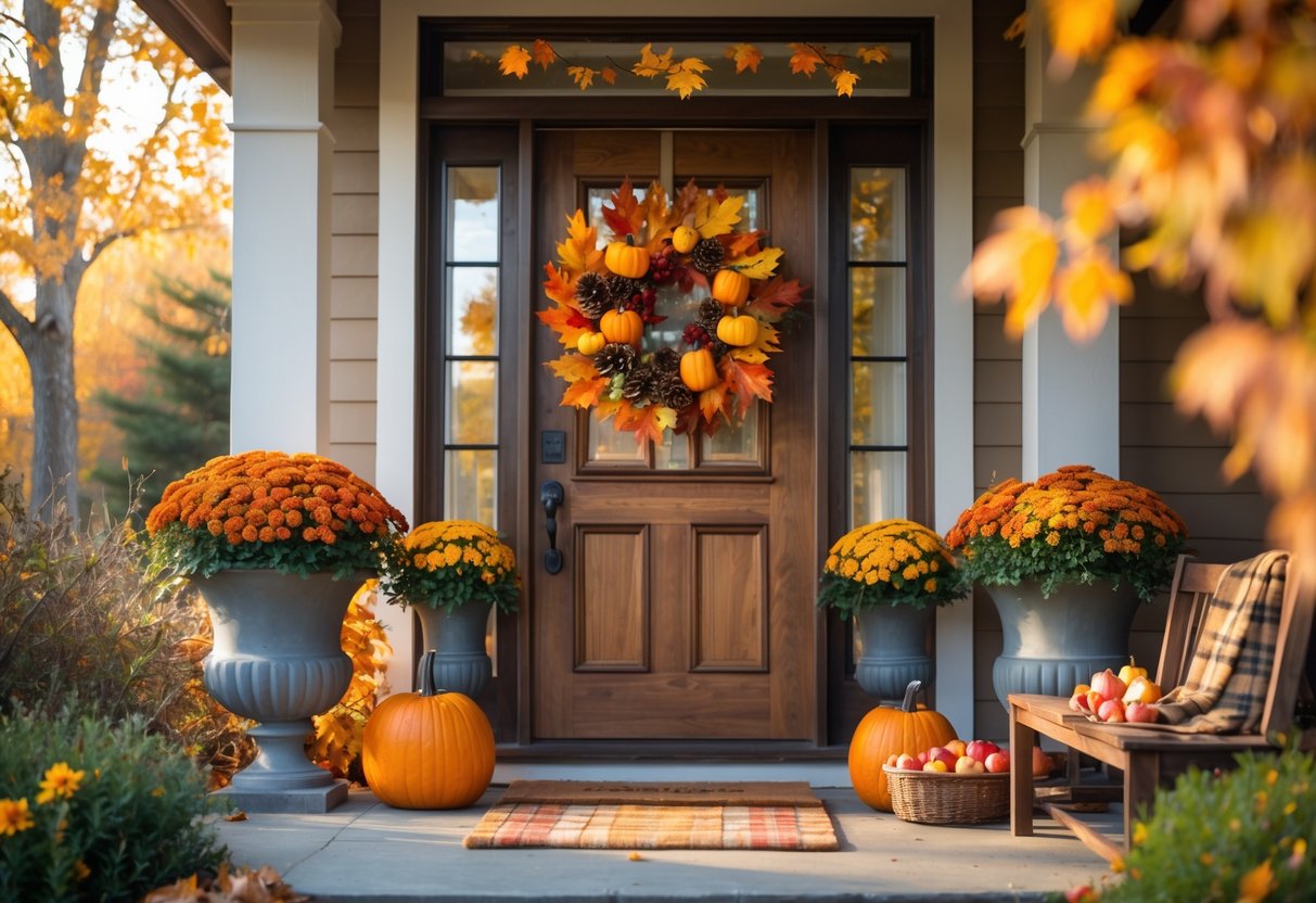 A cozy front door decorated with a fall wreath, pumpkins, flowers, and a bench with a blanket and apples, surrounded by autumn leaves.