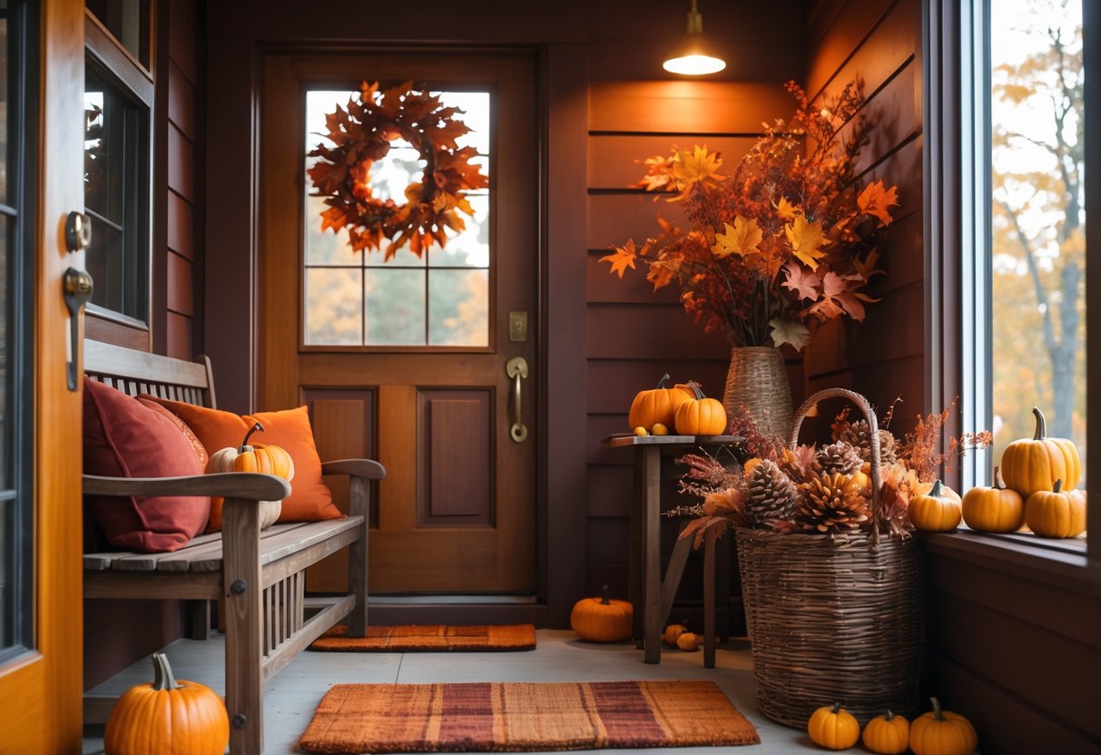 A warm and inviting entryway decorated with deep orange and rusty red cushions, autumn leaves, pumpkins, and dried flowers.